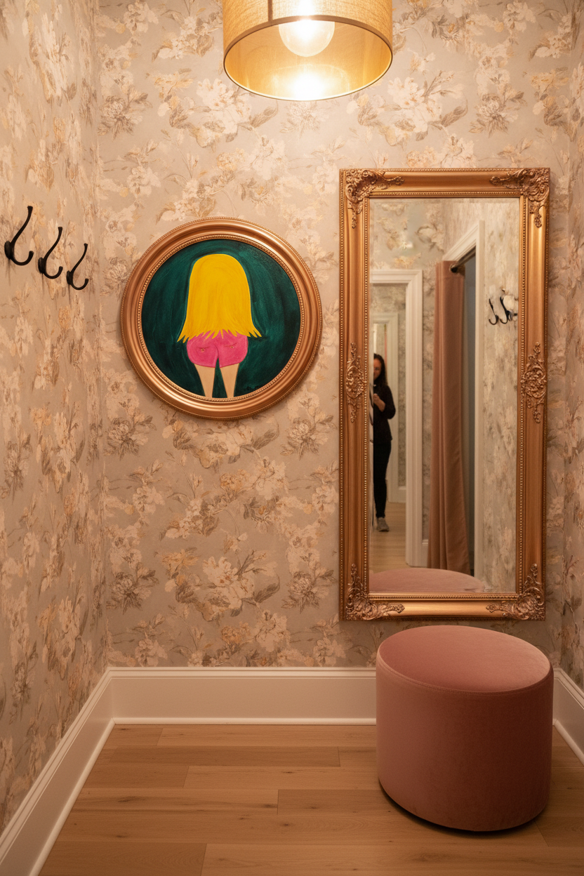 Artistic depiction of a person with yellow hair and pink shorts on a teal background