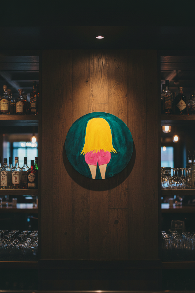 Wooden panel with a circular artwork of a person with yellow hair and pink shorts in a bar setting.