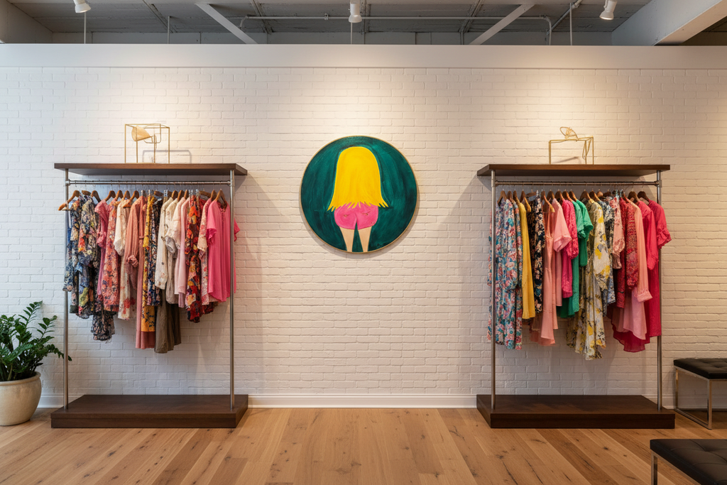 Clothing store interior with racks of clothes and a colorful wall art piece.