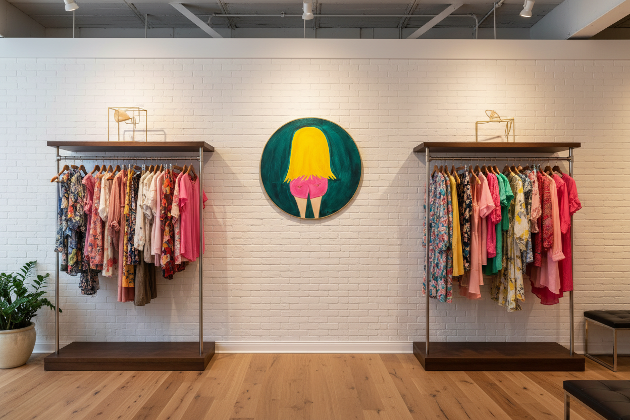 Clothing store interior with racks of clothes and a colorful wall art piece.