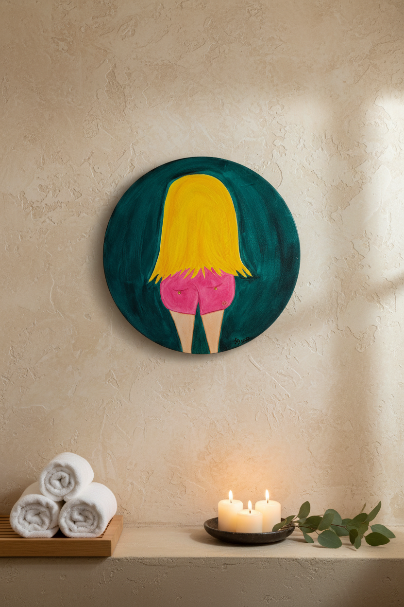 Circular wall art with a colorful depiction of a person on a beige wall, with candles and towels on a shelf below.