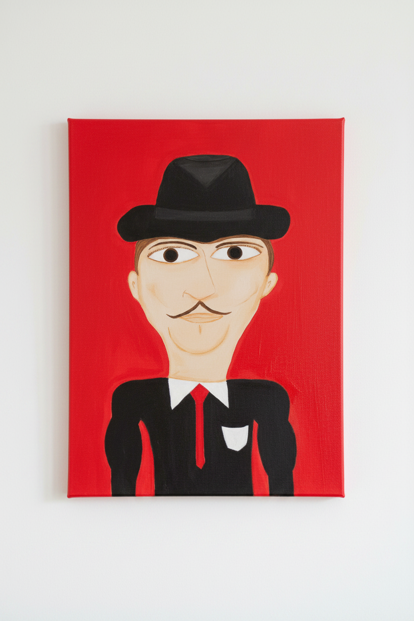 Illustration of a person wearing a black hat and suit with a red tie on a red background