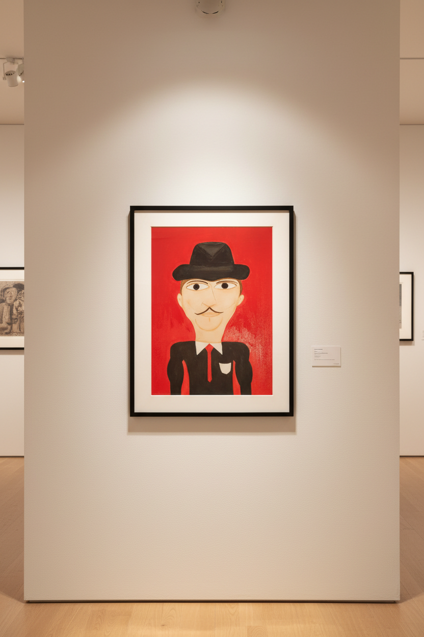 Illustration of a person wearing a black hat and suit with a red tie on a red background
