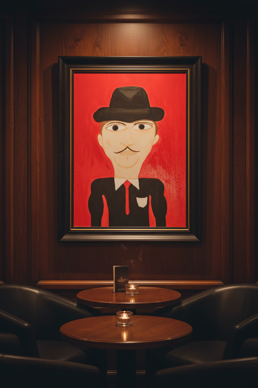Illustration of a person wearing a black hat and suit with a red tie on a red background