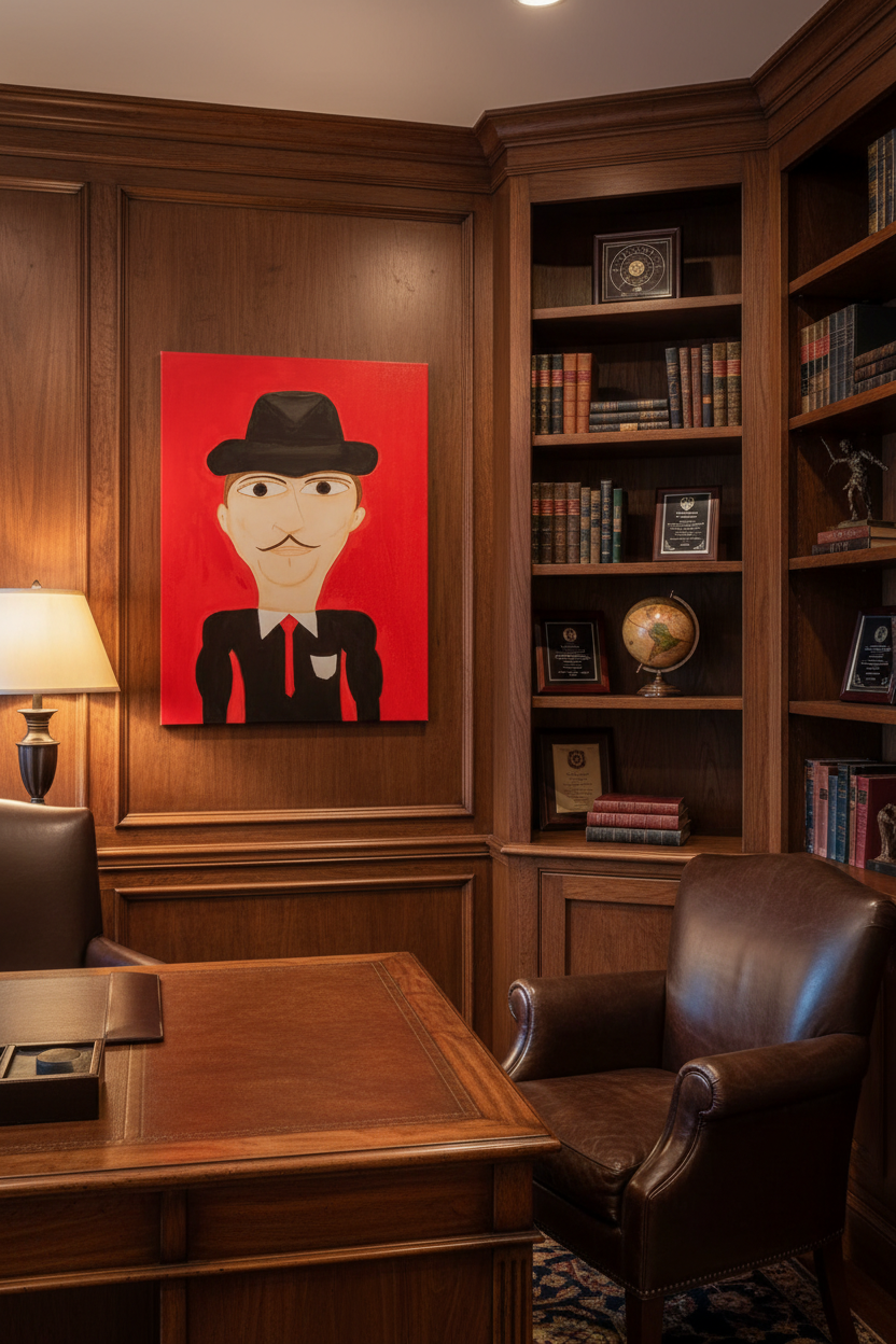 Illustration of a person wearing a black hat and suit with a red tie on a red background