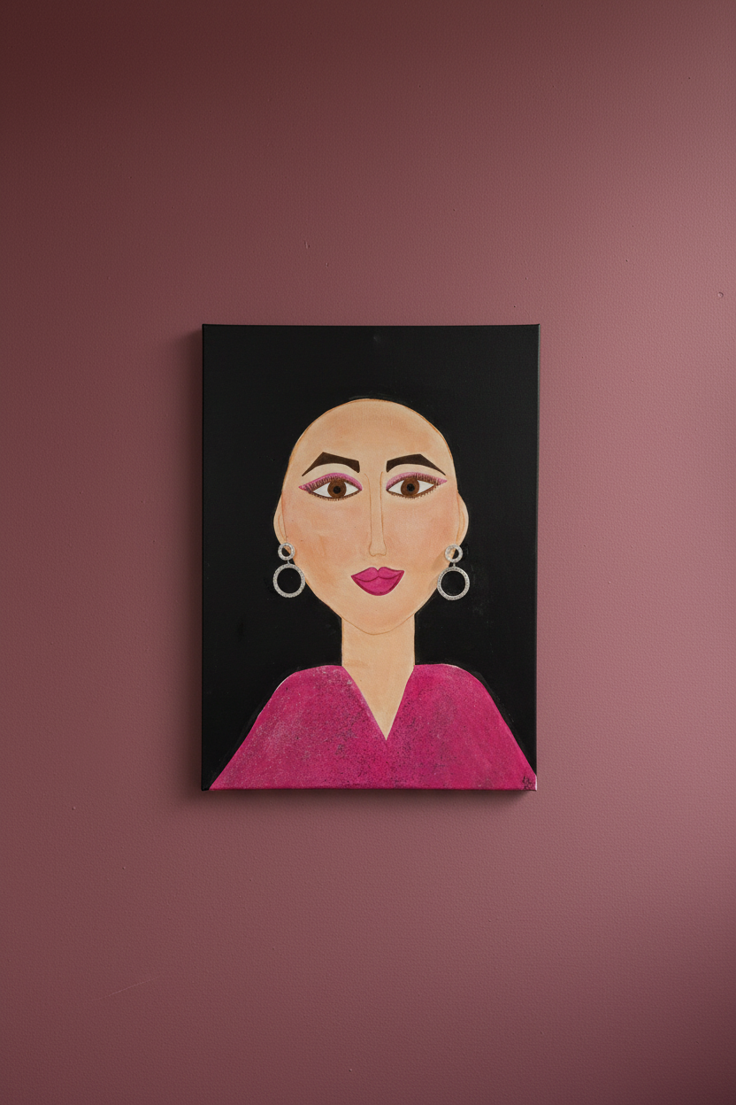 Artistic depiction of a woman's face with large hoop earrings and pink lipstick on a black background.