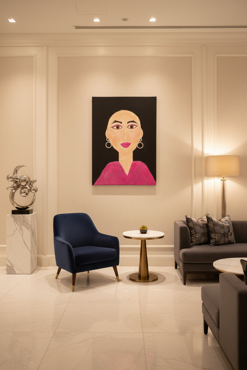 Artistic depiction of a woman's face with large hoop earrings and pink lipstick on a black background.