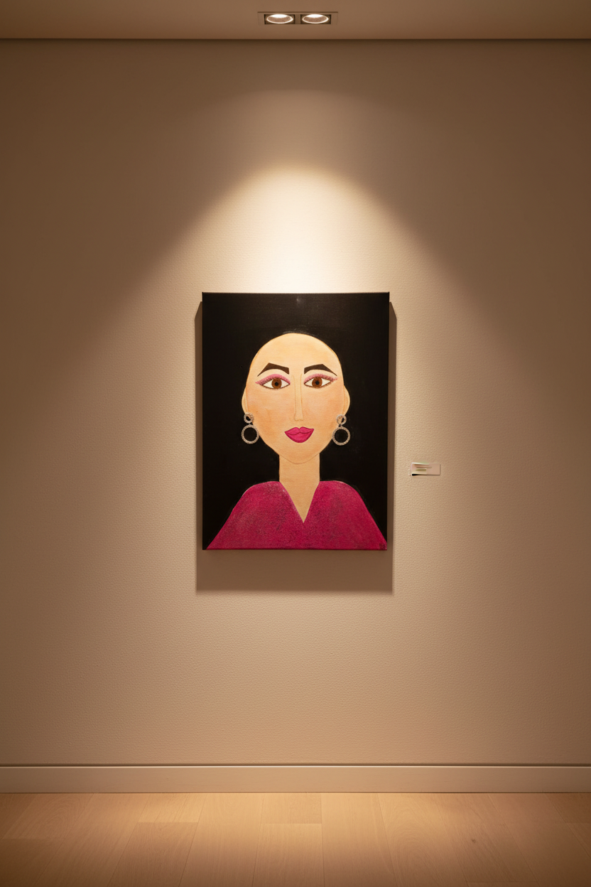 Artistic depiction of a woman's face with large hoop earrings and pink lipstick on a black background.