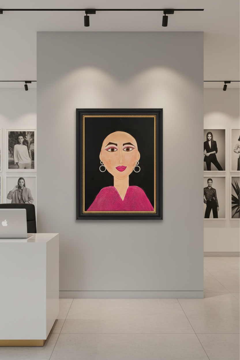 Artistic depiction of a woman's face with large hoop earrings and pink lipstick on a black background.