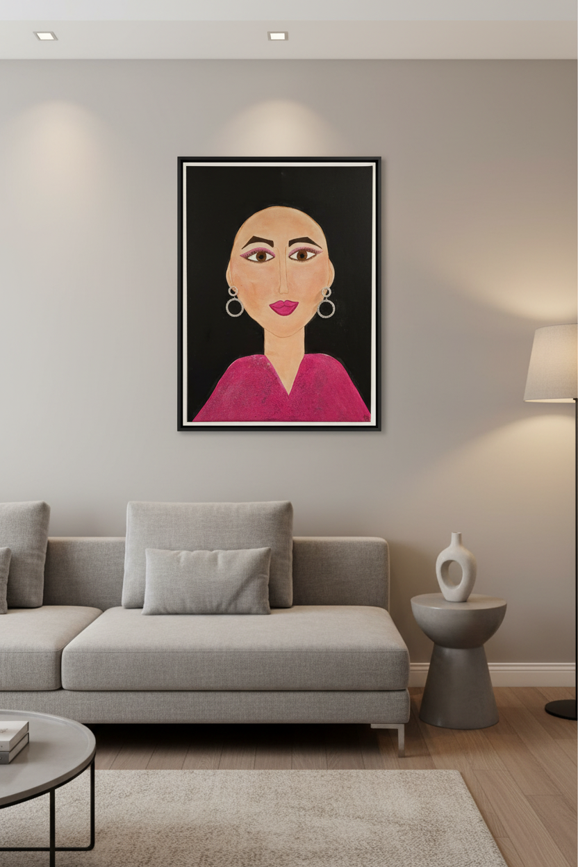 Artistic depiction of a woman's face with large hoop earrings and pink lipstick on a black background.