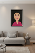 Artistic depiction of a woman's face with large hoop earrings and pink lipstick on a black background.