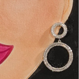 Artistic depiction of a woman's face with large hoop earrings and pink lipstick on a black background.
