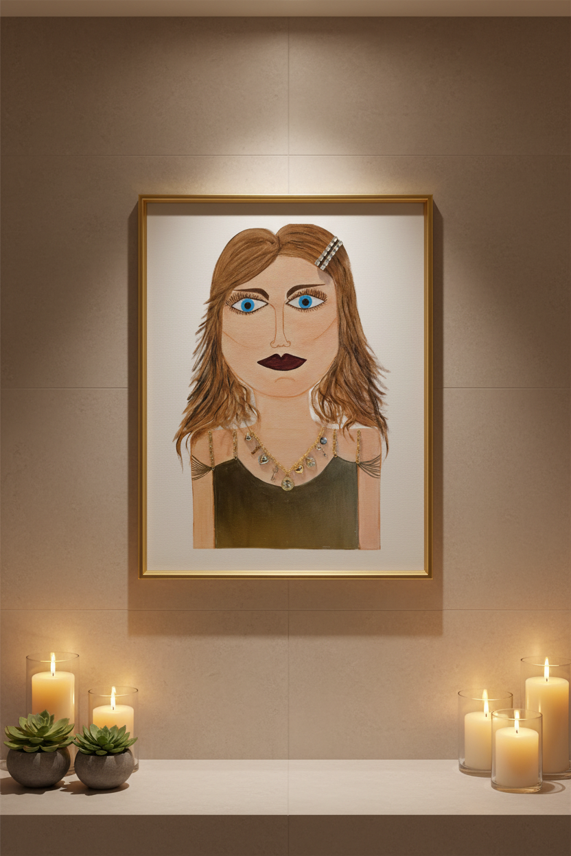 Framed portrait of a woman on a wall with candles and plants below.