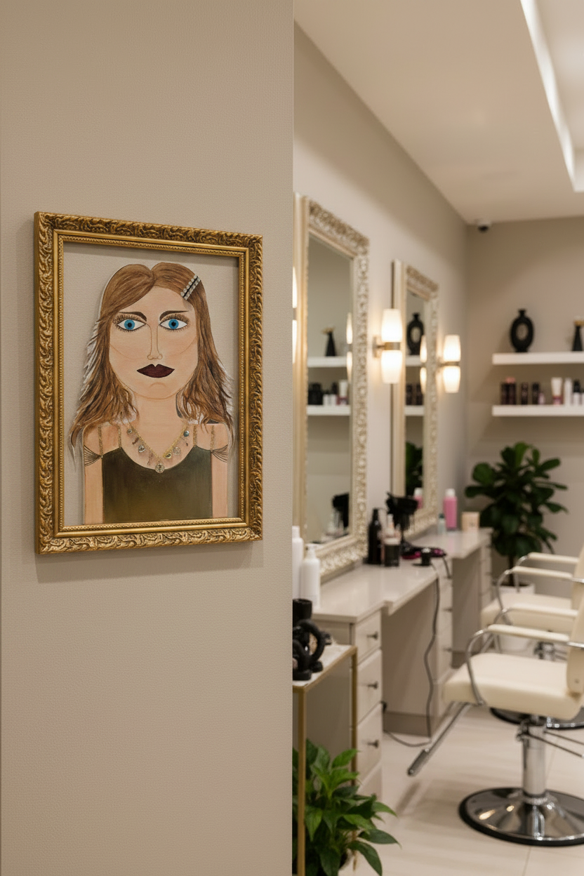 Salon interior with framed artwork on the wall