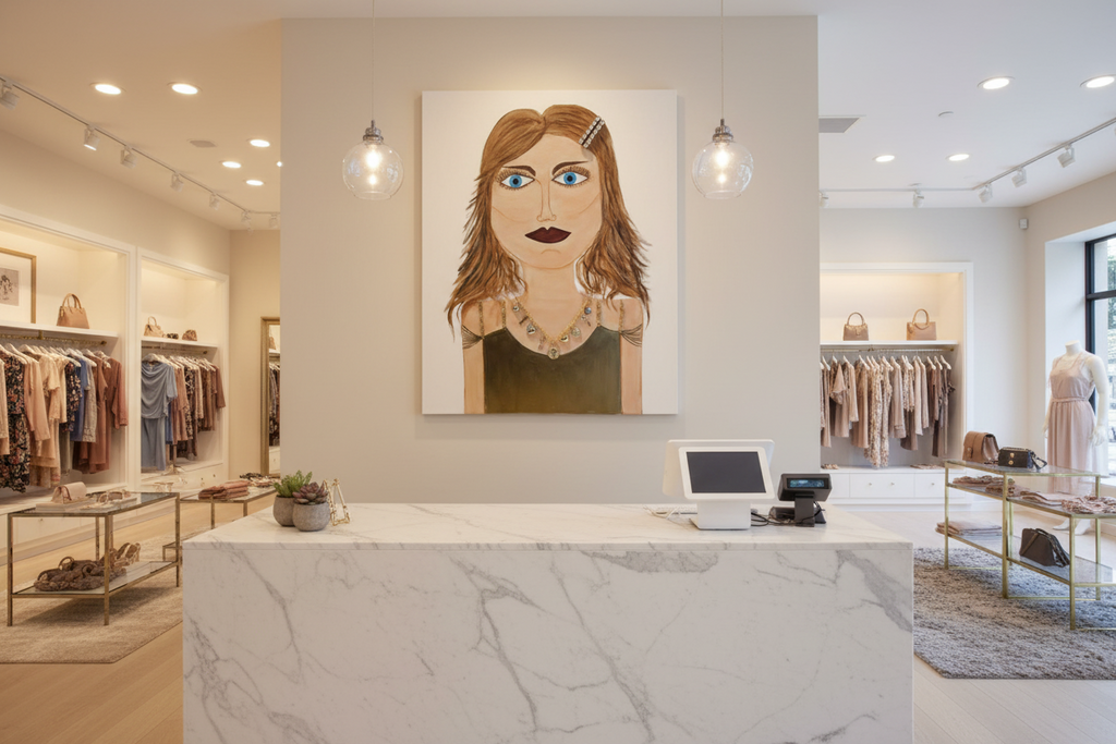 Modern store interior with a marble reception desk and wall art of a woman's face.
