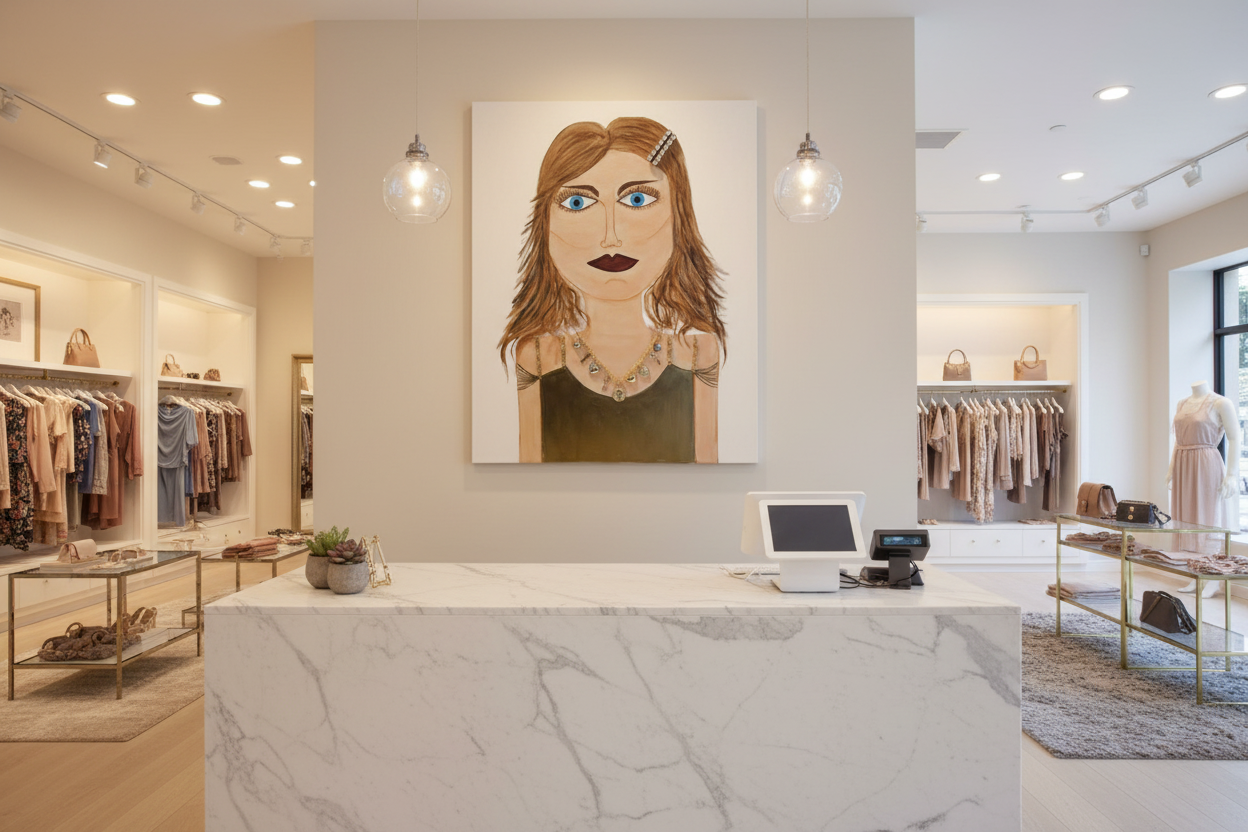 Modern store interior with a marble reception desk and wall art of a woman's face.