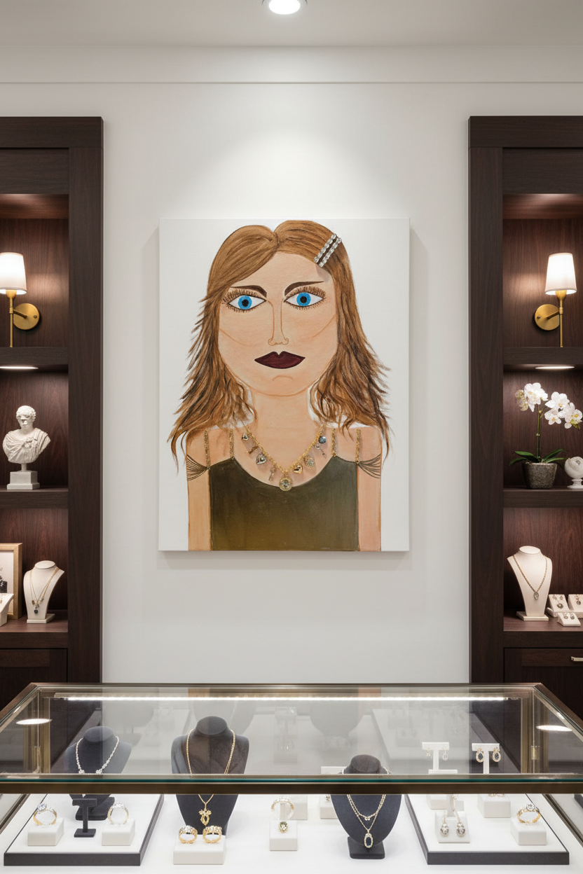 Artistic portrait of a woman on a wall above jewelry display cases.