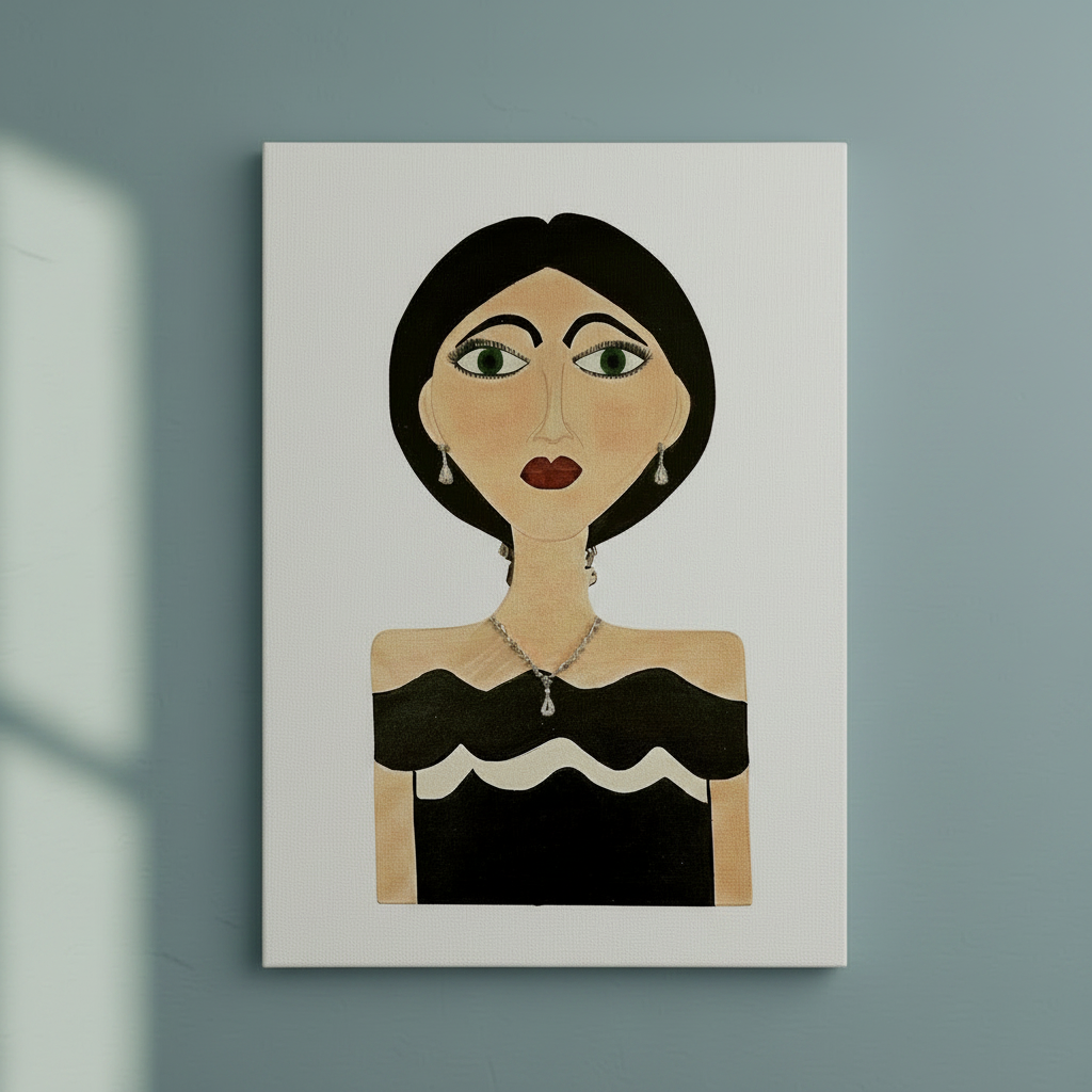 Canvas print of a stylized portrait on a wall with soft shadows.
