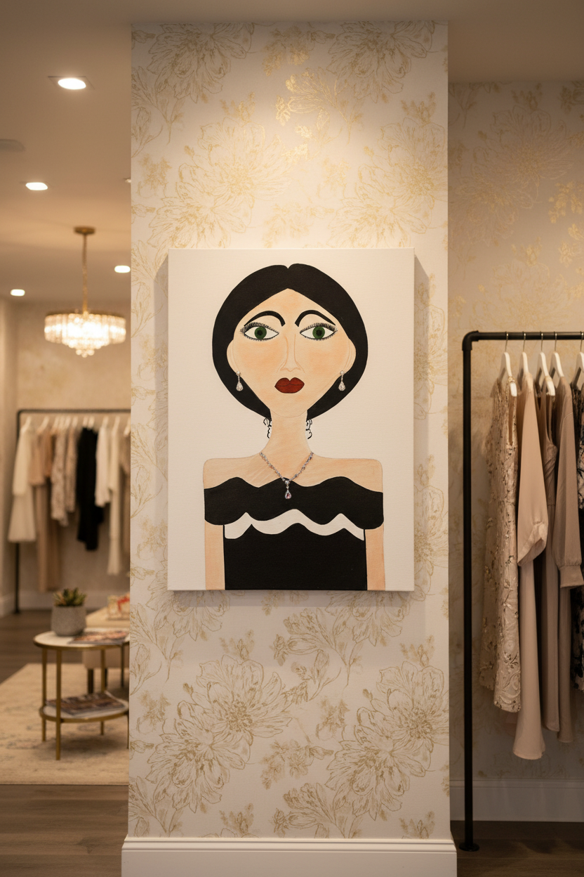 Artistic depiction of a woman's bust with black hair, green eyes, and a black dress on a white background.