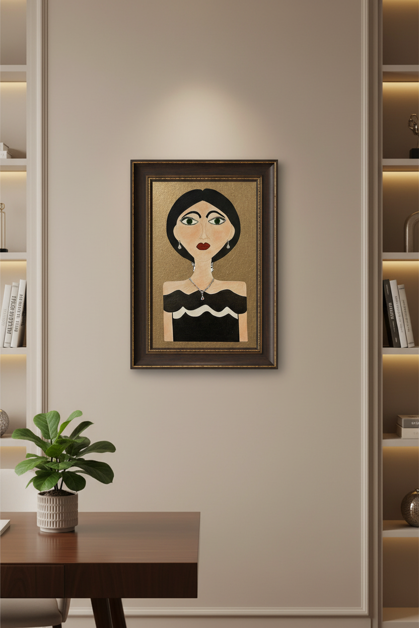 Artistic depiction of a woman's bust with black hair, green eyes, and a black dress on a white background.