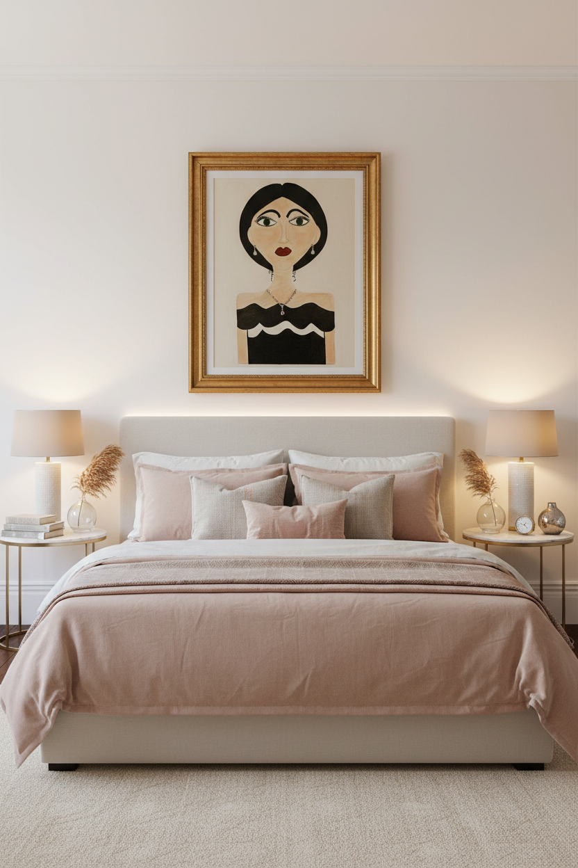 Artistic depiction of a woman's bust with black hair, green eyes, and a black dress on a white background.