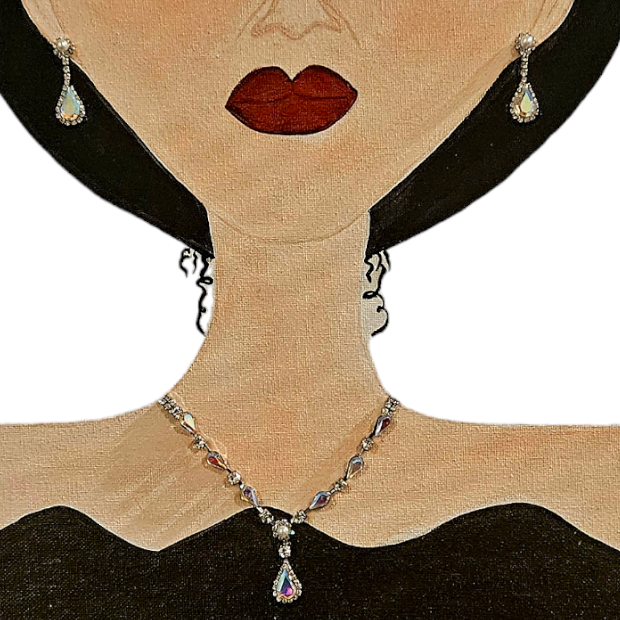 Artistic depiction of a woman's bust with black hair, green eyes, and a black dress on a white background.