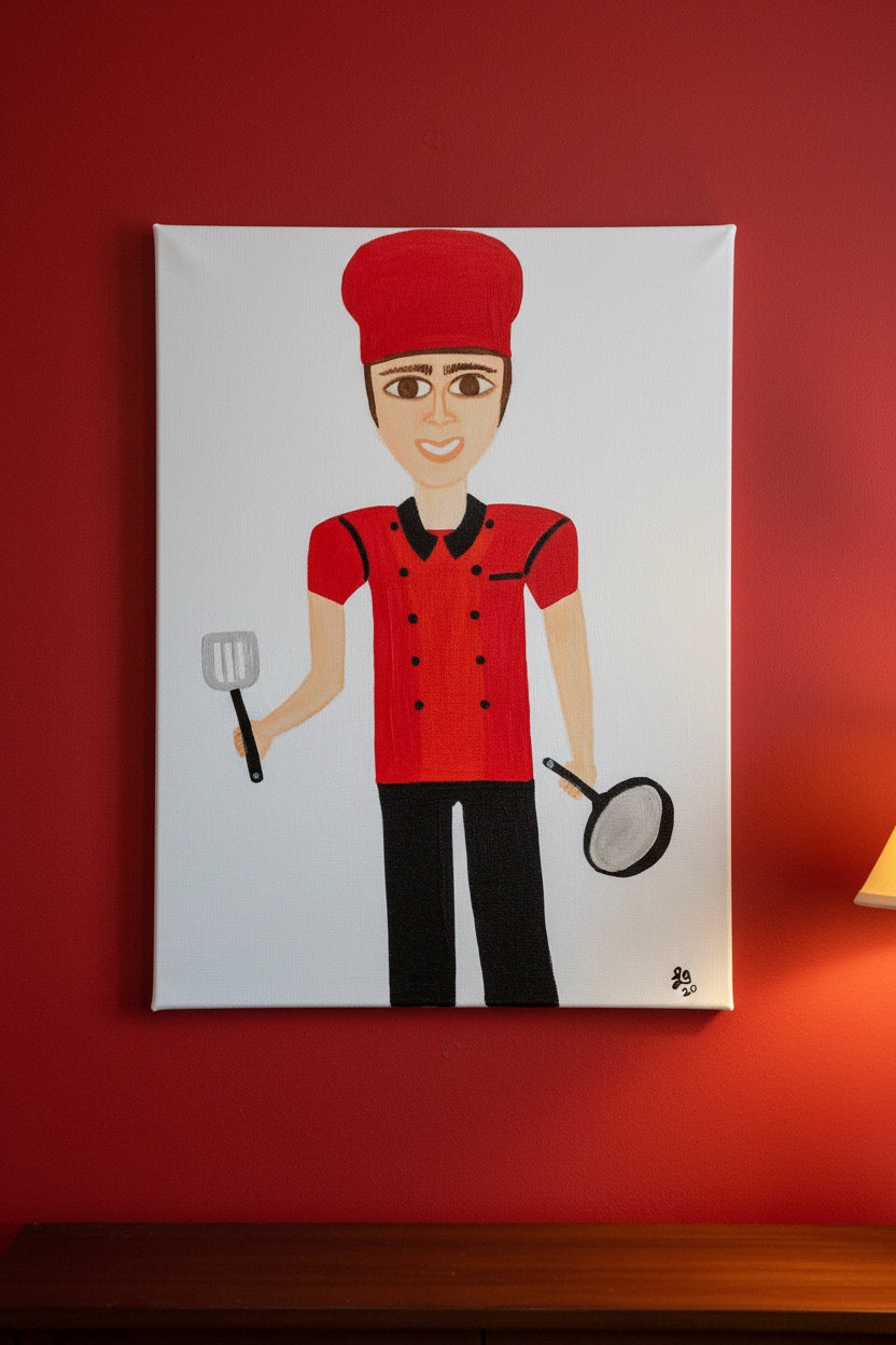 Illustration of a chef in a red uniform holding a spatula and a frying pan on a white background