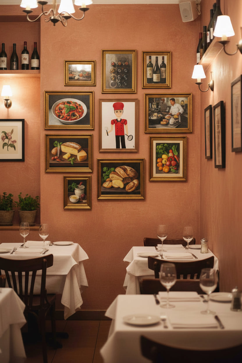 Dining area with tables set for service, framed pictures on the wall, and wine bottles displayed.