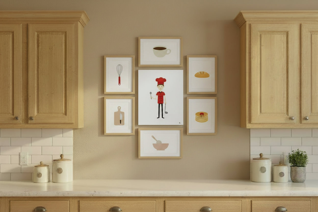 Kitchen with wooden cabinets and framed artwork on the wall.