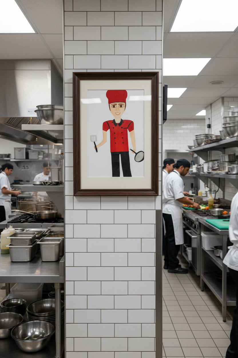 Illustration of a chef in a red uniform holding a spatula and a frying pan on a white background