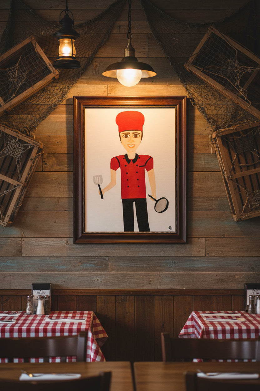 Illustration of a chef in a red uniform holding a spatula and a frying pan on a white background