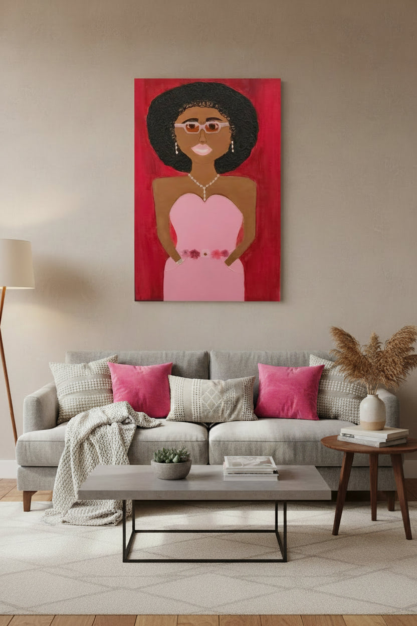 Rose Gold Confidence original art displayed on wall, 24x36 canvas
