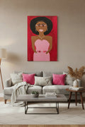 Rose Gold Confidence original art displayed on wall, 24x36 canvas