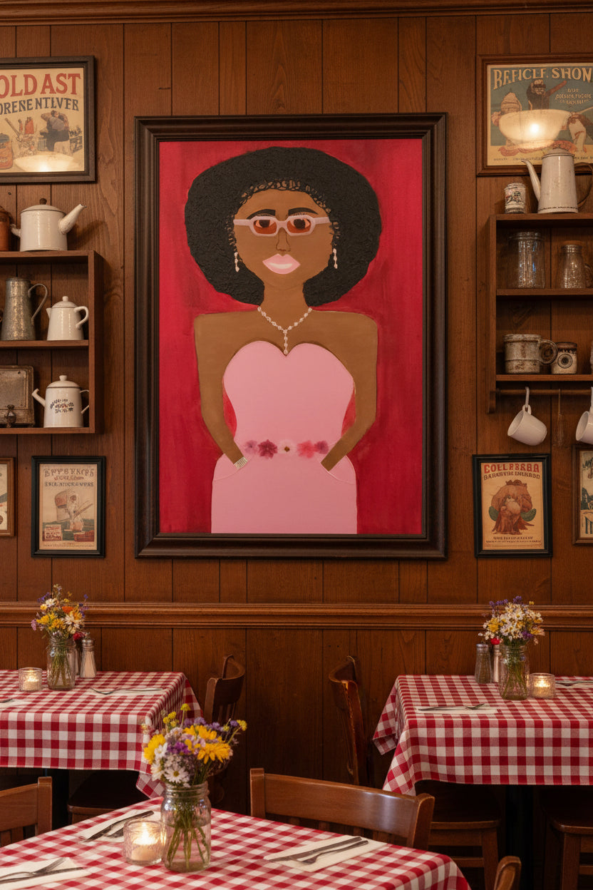 Rose Gold Confidence original art displayed on restaurant wall, 24x36 canvas