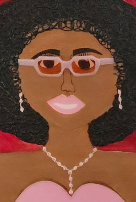Close-up of jewelry embellishments on Rose Gold Confidence portrait painting