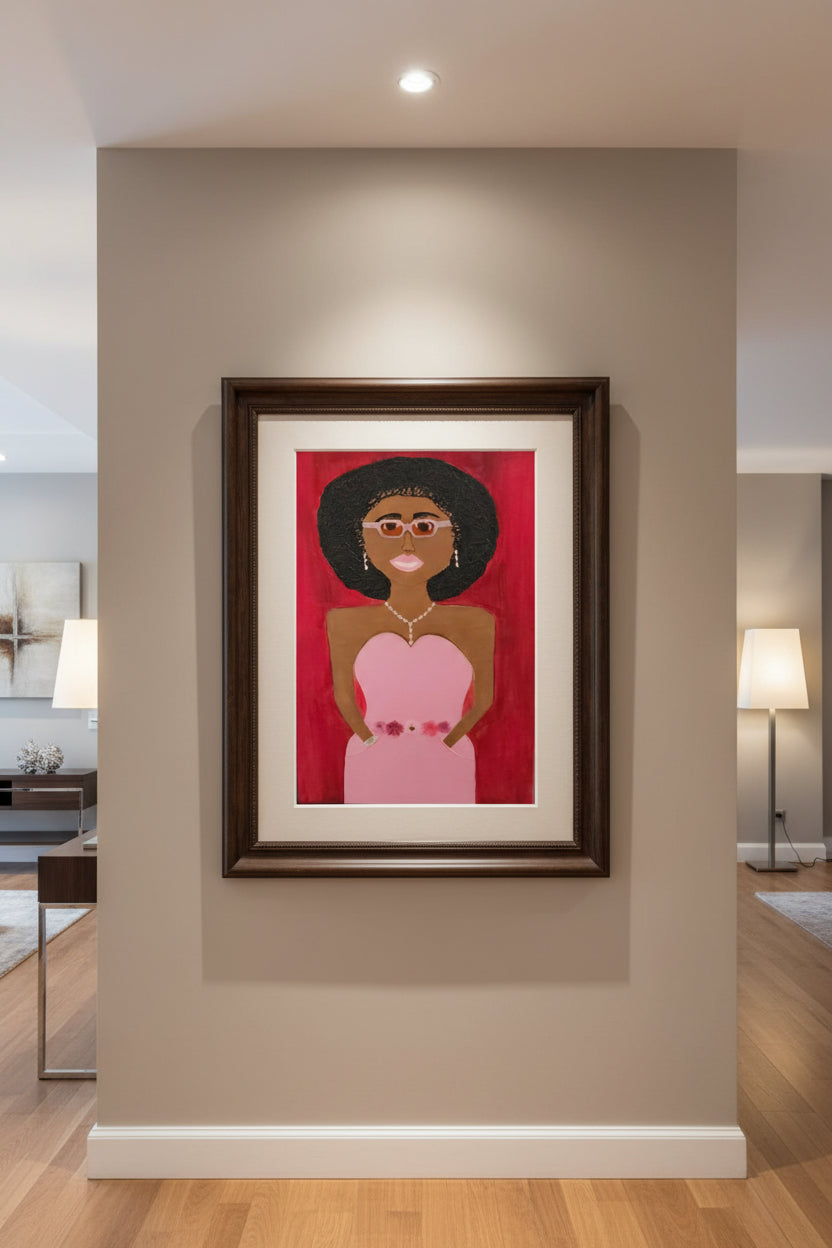 Rose Gold Confidence original art displayed on gallery wall, 24x36 canvas