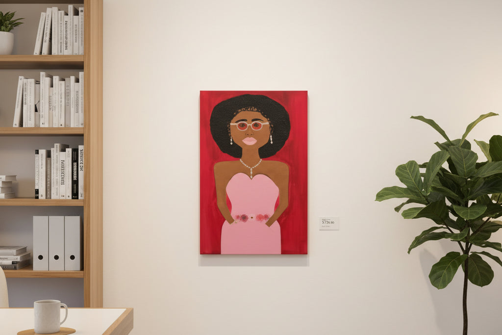 Rose Gold Confidence original art displayed on office wall, 24x36 canvas