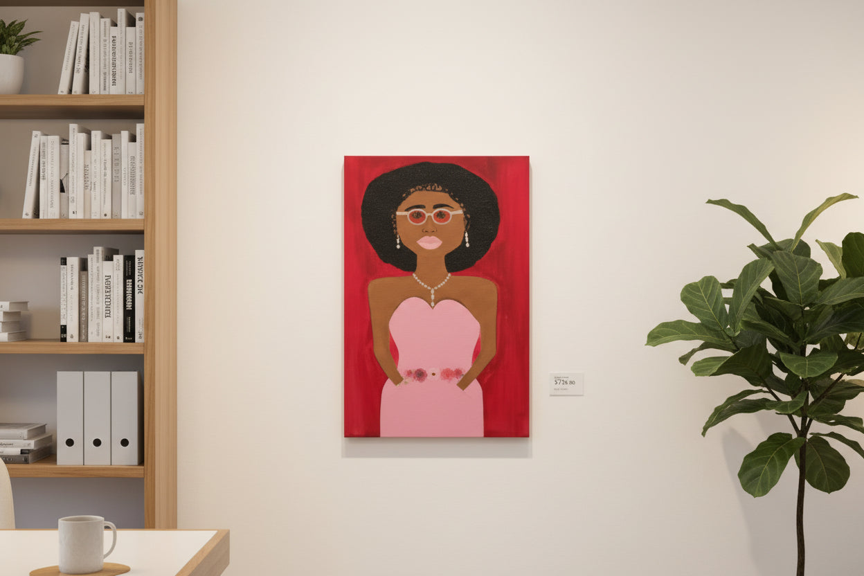 Rose Gold Confidence original art displayed on office wall, 24x36 canvas