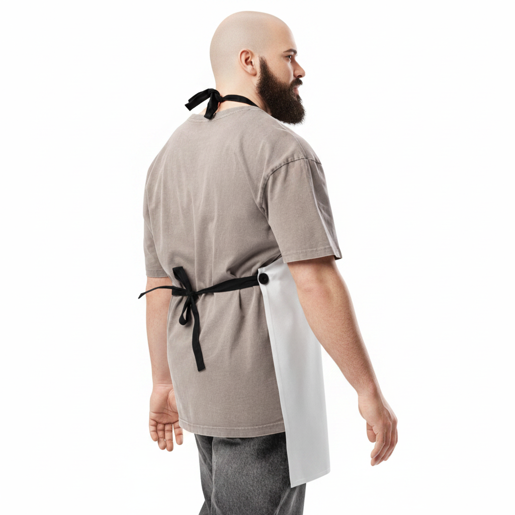 Man wearing a beige shirt with a black apron over a white background