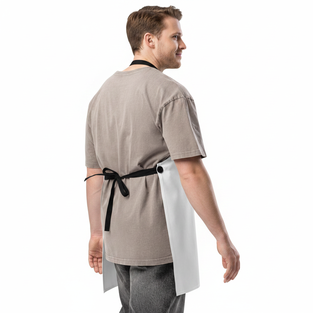 Man wearing a beige shirt with a black apron over a white background