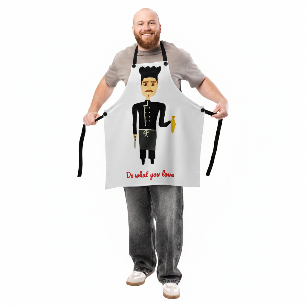 Person wearing a white apron with a graphic design and text, holding two whips.