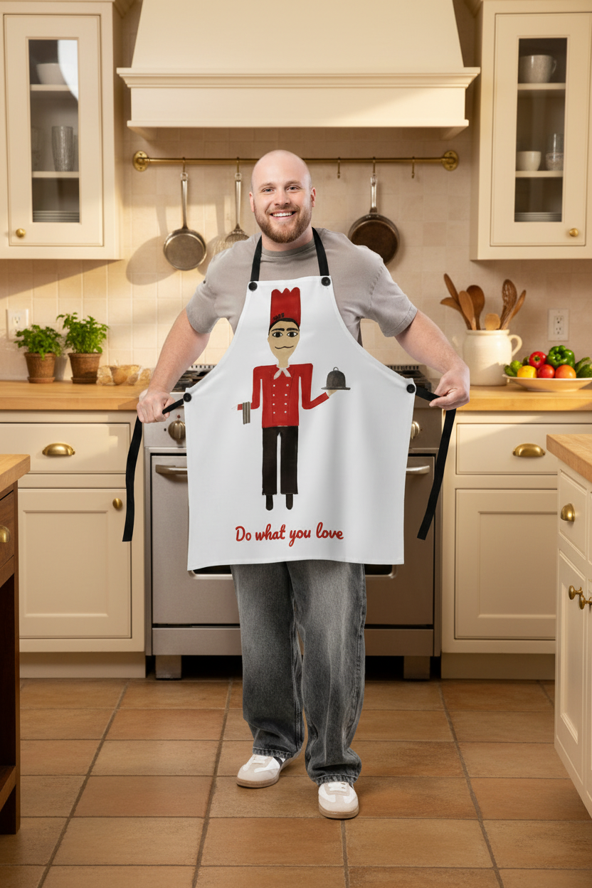 Man wearing a novelty apron with a cartoon character in a kitchen