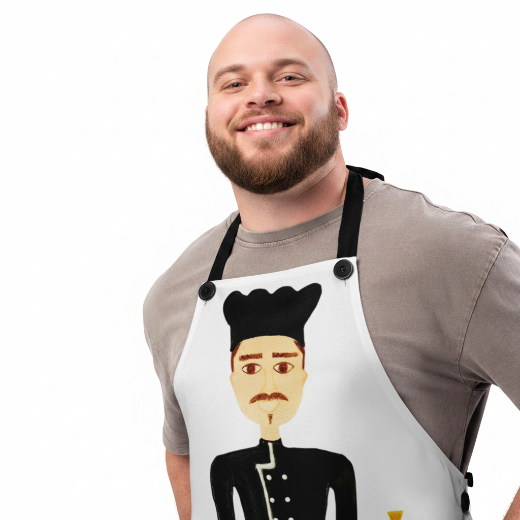 Man wearing a white apron with a graphic design on a white background