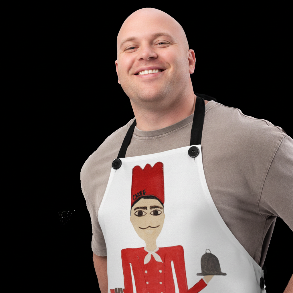 Man wearing a white apron with a cartoon character design on a white background