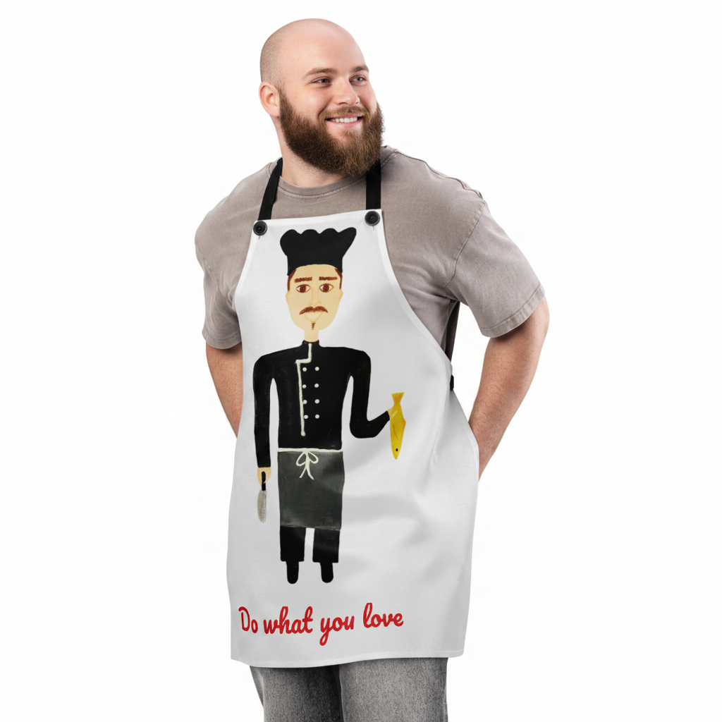 Man wearing a white apron with a design and text, on a white background