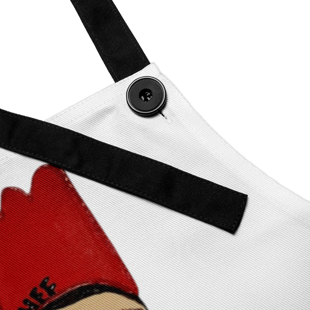 Close-up of a white apron with black straps and red design on a white background