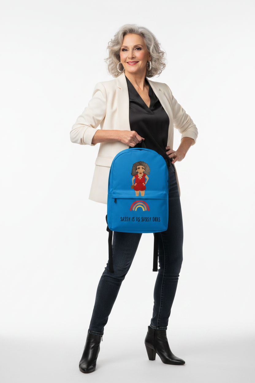 an older woman holding a blue backpack with a whimsical cartoon character