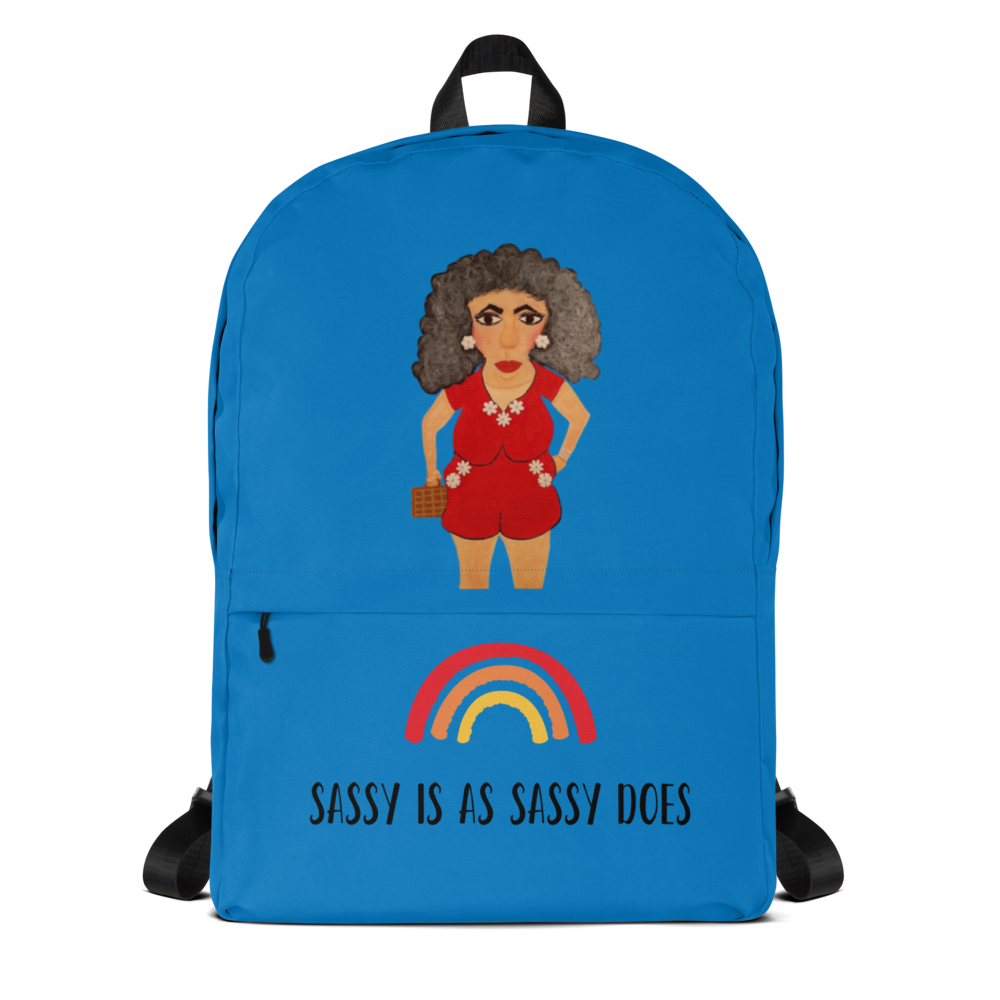 blue backpack with a whimsical cartoon character of a woman