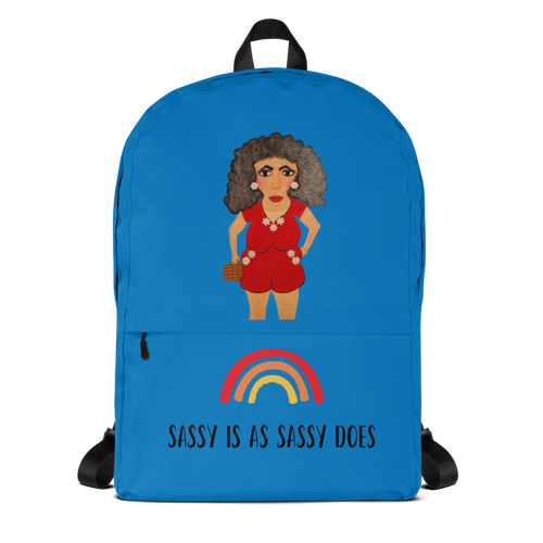 blue backpack with a whimsical cartoon character of a woman