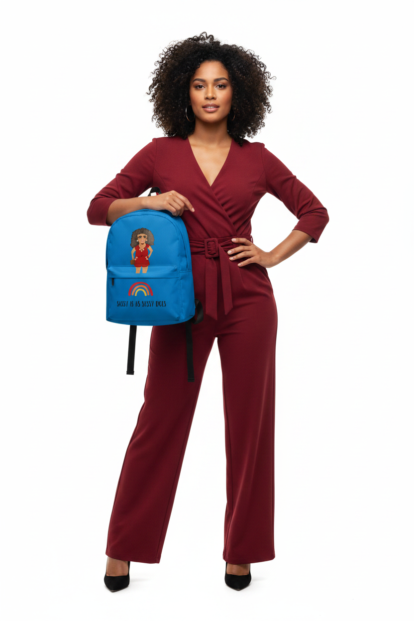 an woman holding a blue backpack with a whimsical cartoon character